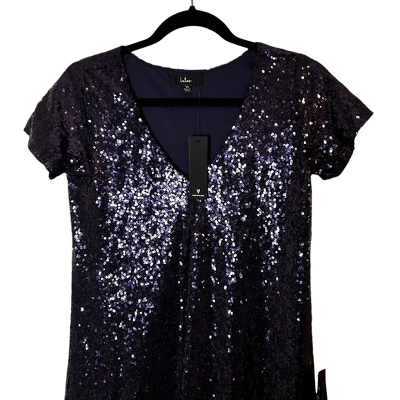 Lulu's Light Up The Night Navy Sequin V-Neck Shirt Dress- Size XS - Picture 8 of 13